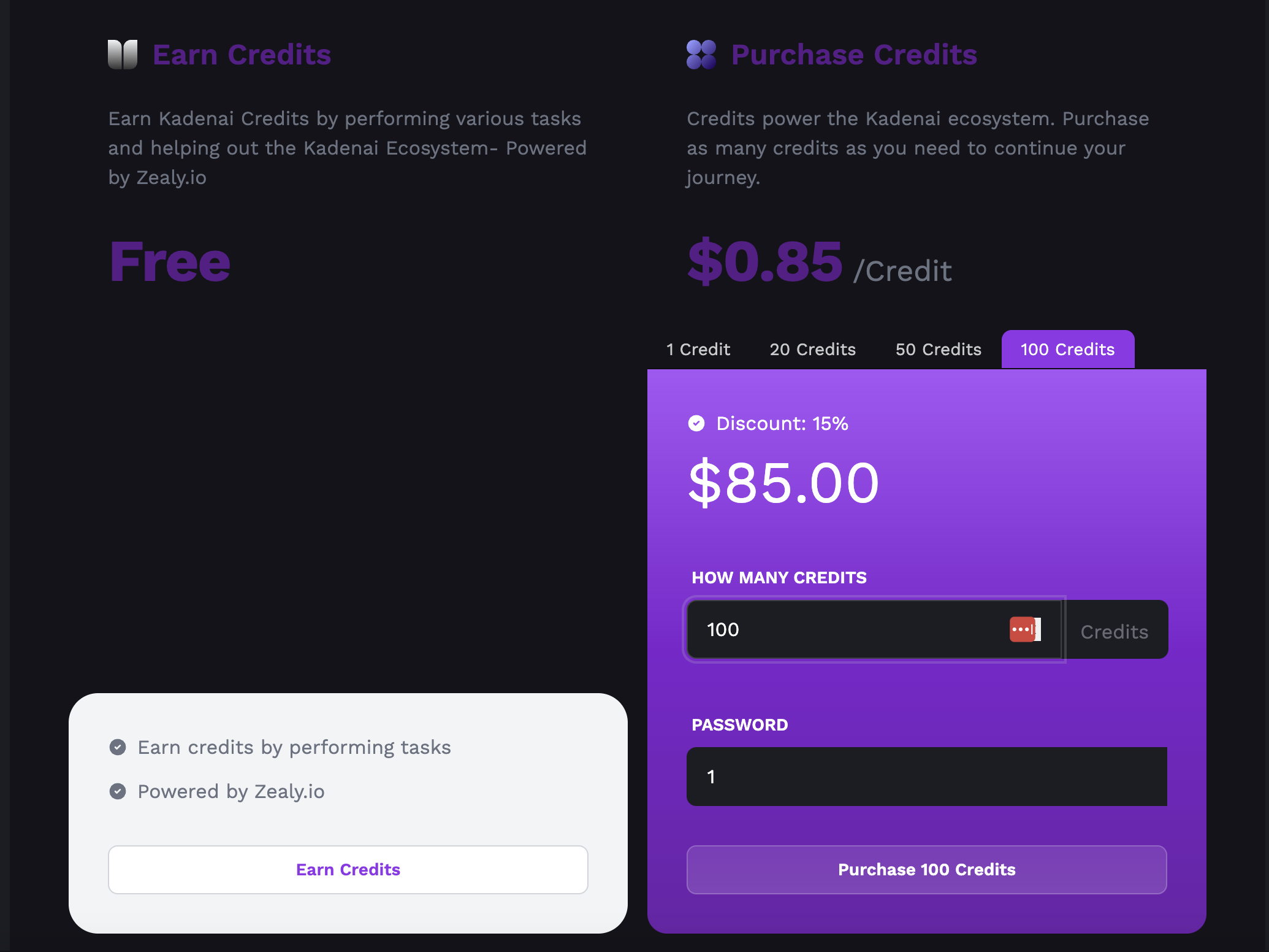 Select a quantity of credits you wish to purchase